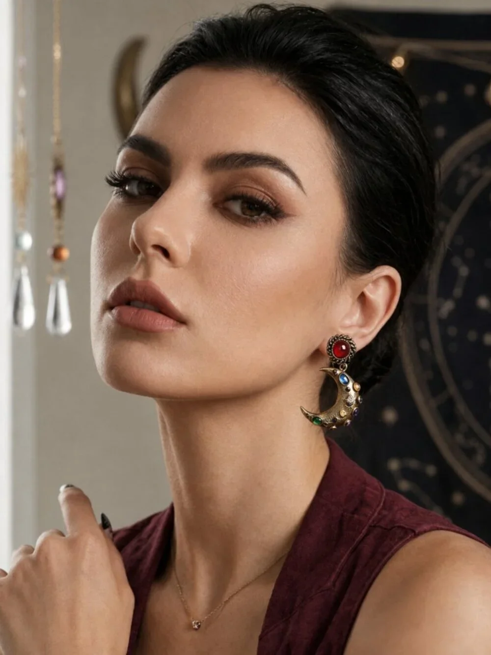 Antique Gold Crescent Moon Drop Earrings Celestial Star Multicolor Whimsigoth